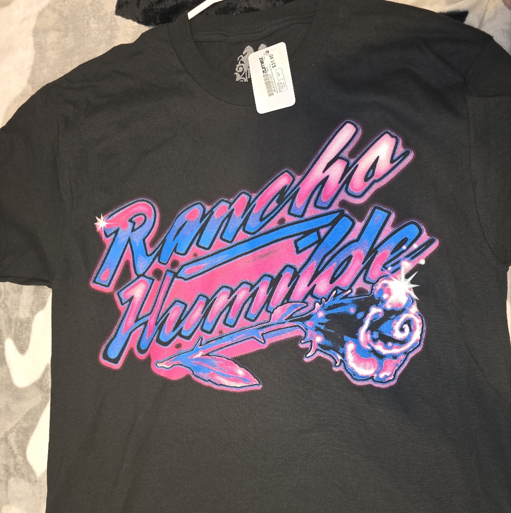 Black Graphic Tee with Pink and Blue Design